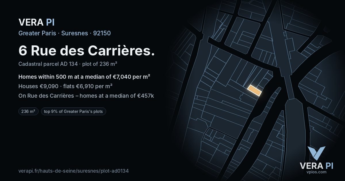 6 Rue des Carrières, Suresnes at night – the plot lit, the parcels around coloured by the prices near them
