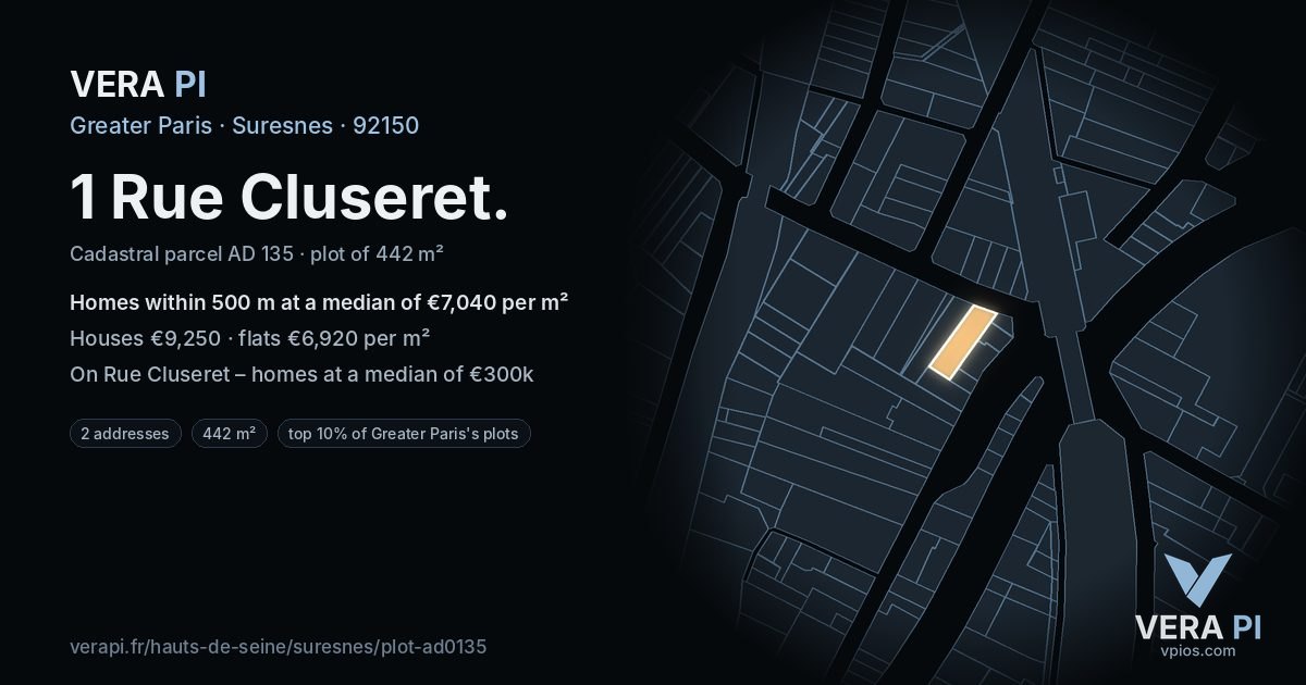 1 Rue Cluseret, Suresnes at night – the plot lit, the parcels around coloured by the prices near them