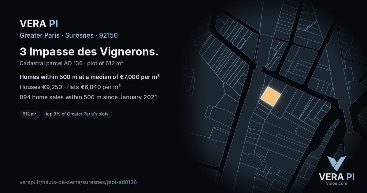 3 Impasse des Vignerons, Suresnes at night – the plot lit, the parcels around coloured by the prices near them