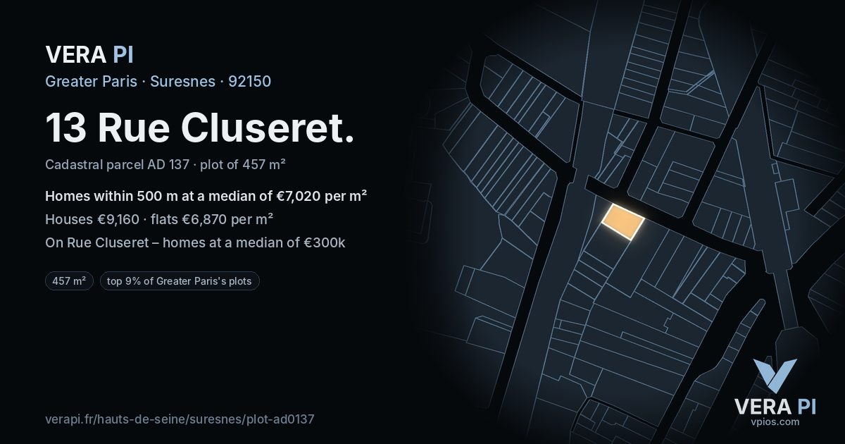 13 Rue Cluseret, Suresnes at night – the plot lit, the parcels around coloured by the prices near them