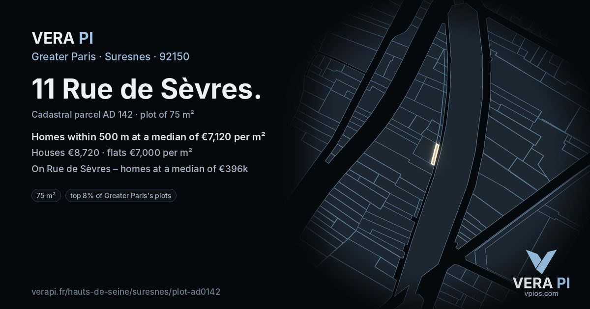 11 Rue de Sèvres, Suresnes at night – the plot lit, the parcels around coloured by the prices near them