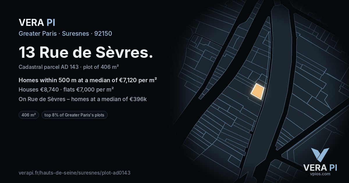 13 Rue de Sèvres, Suresnes at night – the plot lit, the parcels around coloured by the prices near them