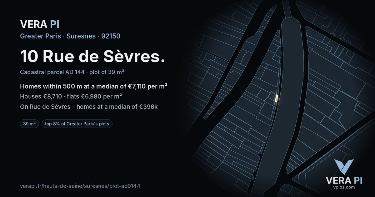 10 Rue de Sèvres, Suresnes at night – the plot lit, the parcels around coloured by the prices near them