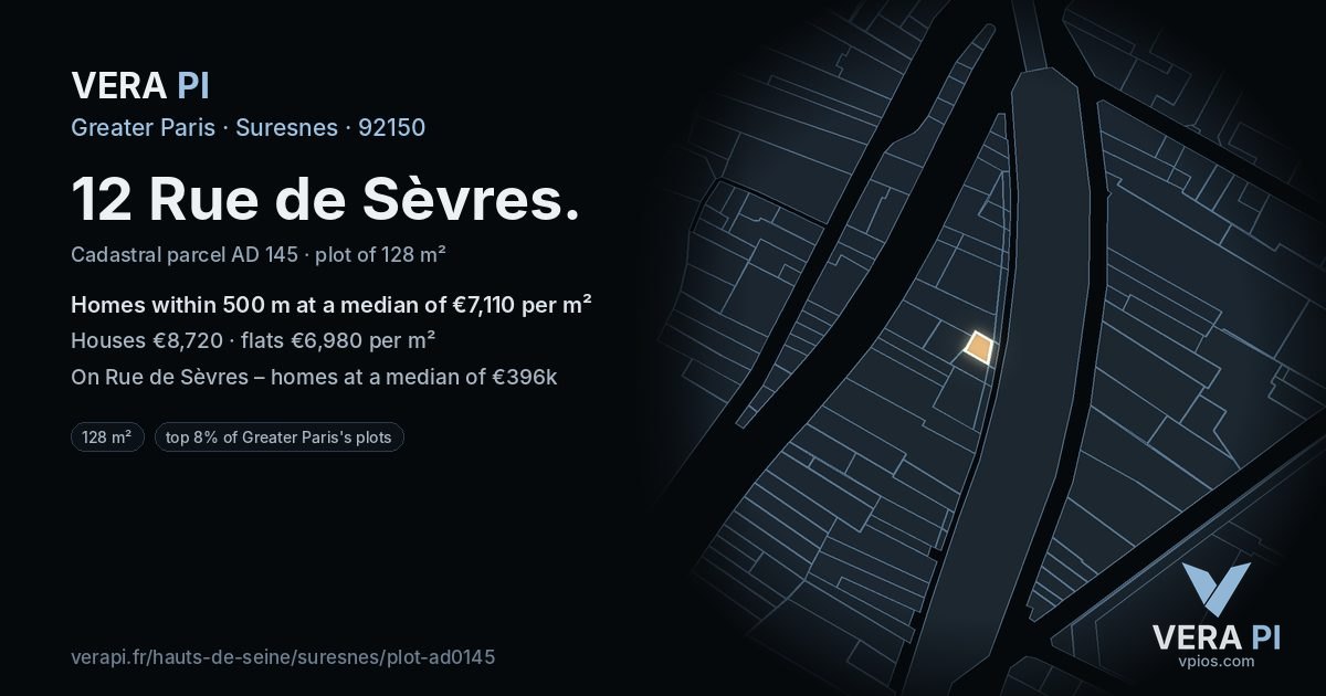 12 Rue de Sèvres, Suresnes at night – the plot lit, the parcels around coloured by the prices near them