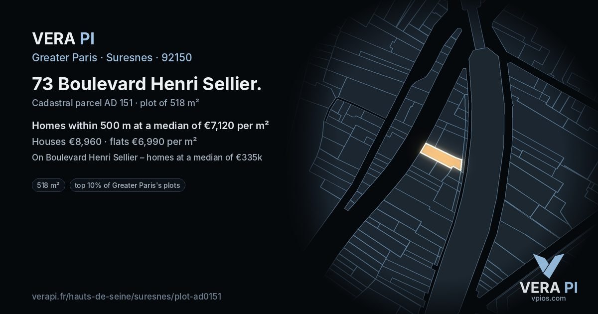73 Boulevard Henri Sellier, Suresnes at night – the plot lit, the parcels around coloured by the prices near them