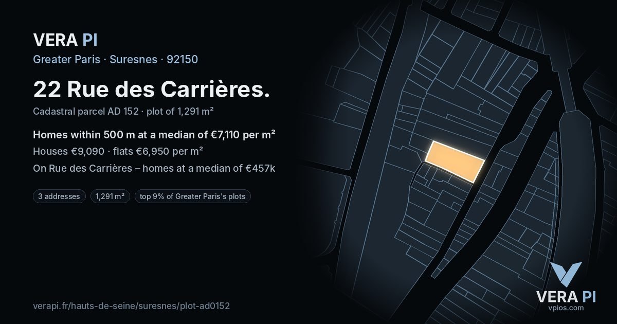 22 Rue des Carrières, Suresnes at night – the plot lit, the parcels around coloured by the prices near them