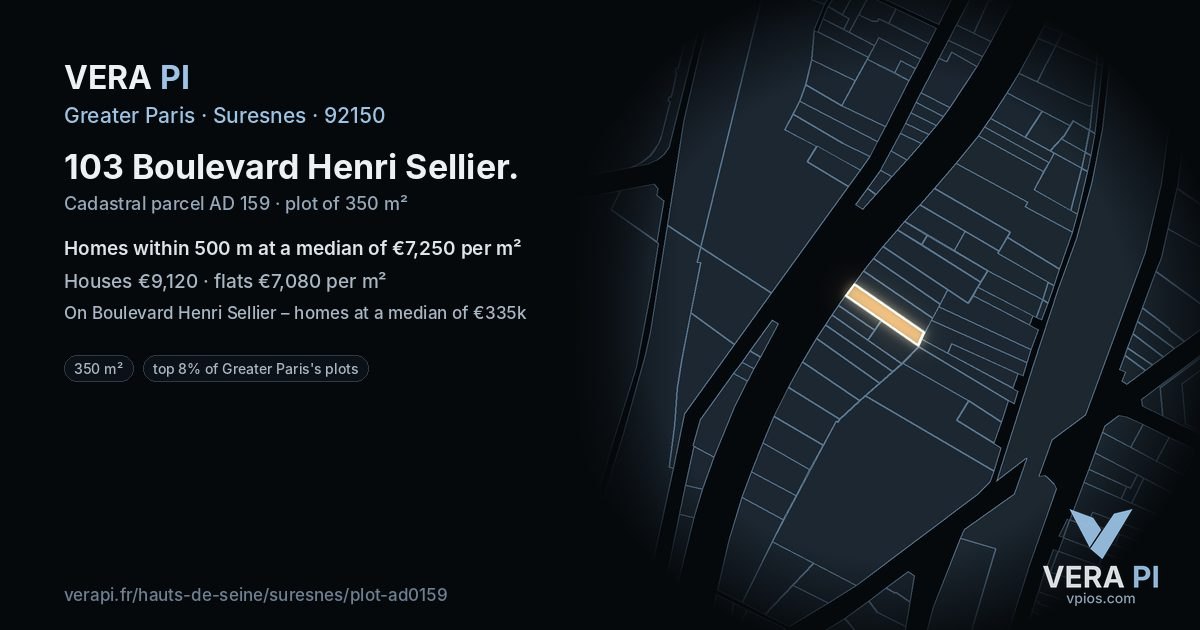 103 Boulevard Henri Sellier, Suresnes at night – the plot lit, the parcels around coloured by the prices near them