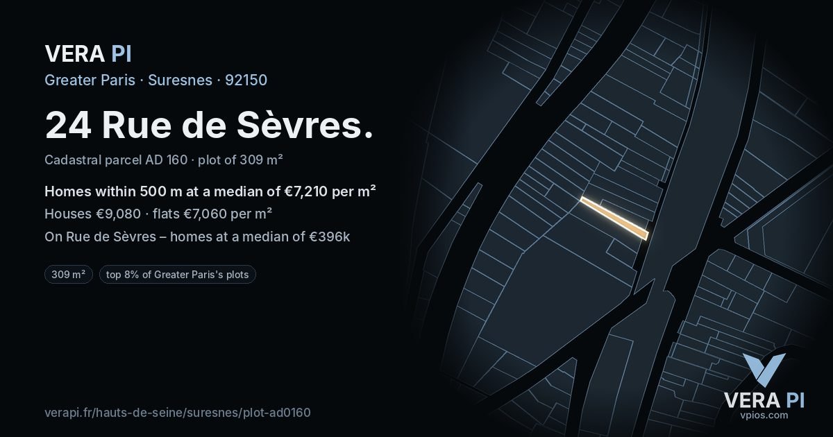 24 Rue de Sèvres, Suresnes at night – the plot lit, the parcels around coloured by the prices near them