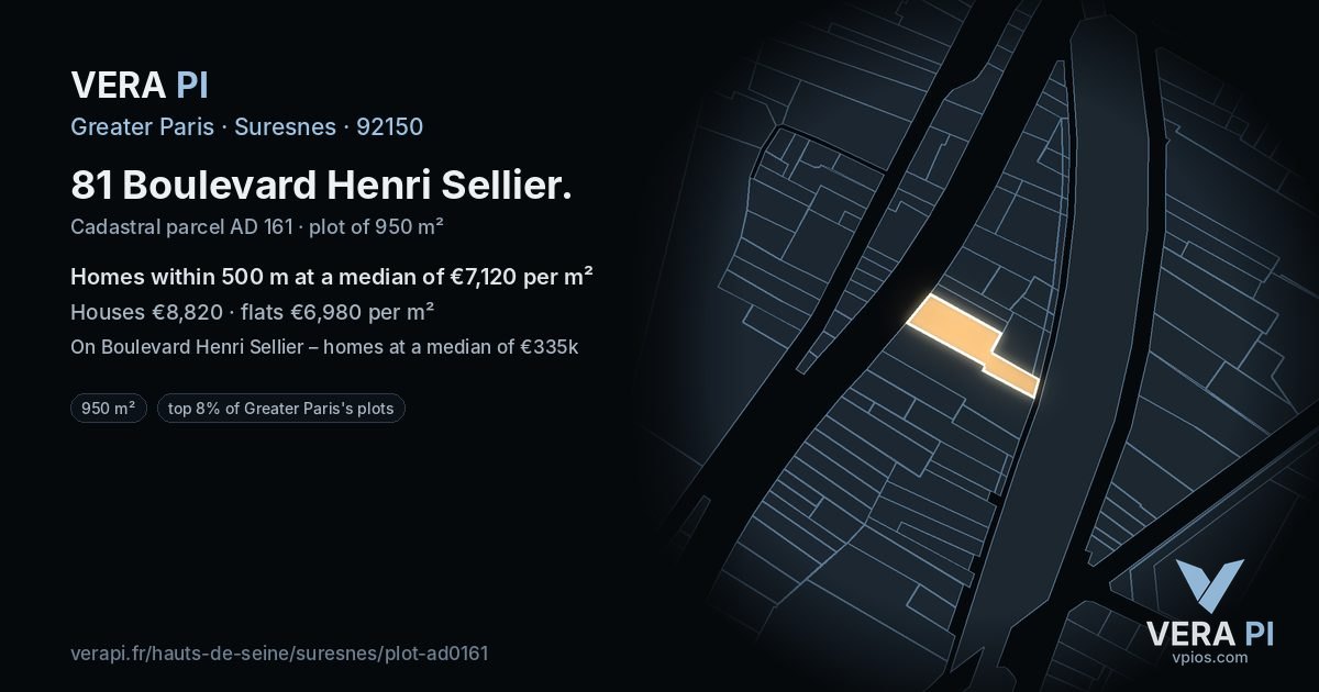 81 Boulevard Henri Sellier, Suresnes at night – the plot lit, the parcels around coloured by the prices near them