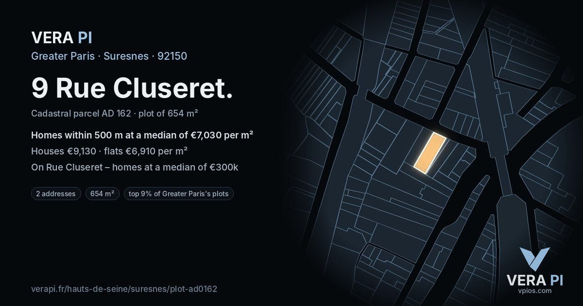 9 Rue Cluseret, Suresnes at night – the plot lit, the parcels around coloured by the prices near them