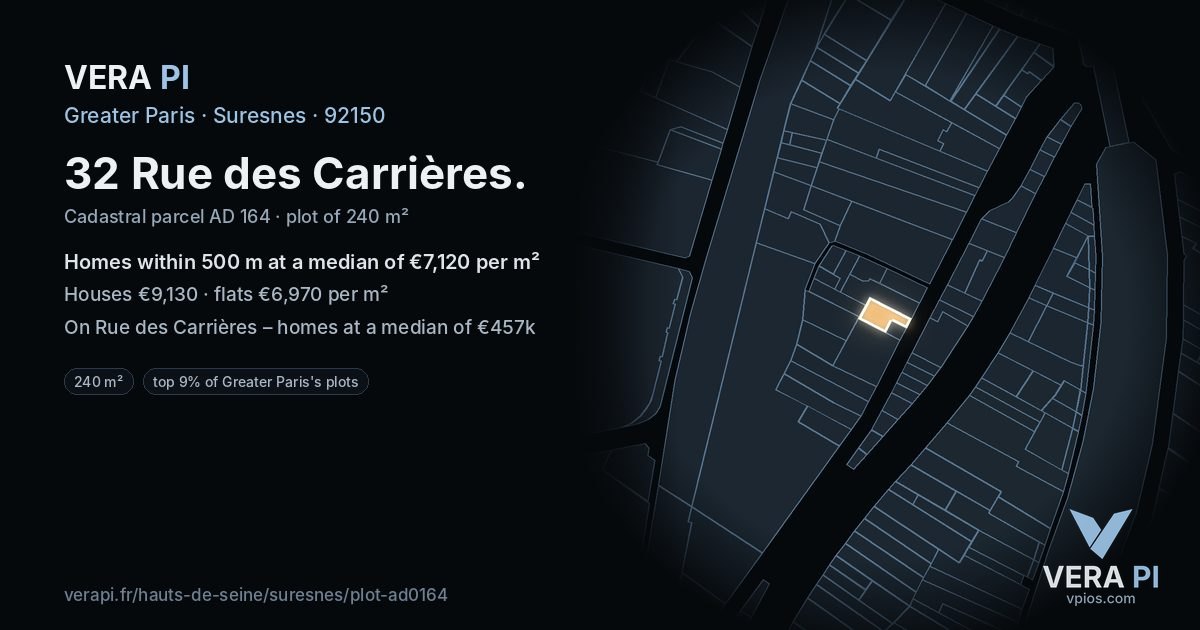 32 Rue des Carrières, Suresnes at night – the plot lit, the parcels around coloured by the prices near them