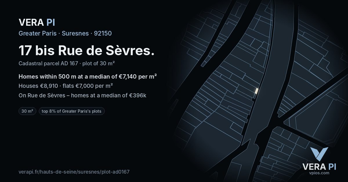17 bis Rue de Sèvres, Suresnes at night – the plot lit, the parcels around coloured by the prices near them