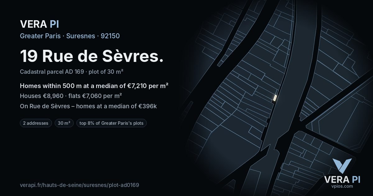 19 Rue de Sèvres, Suresnes at night – the plot lit, the parcels around coloured by the prices near them