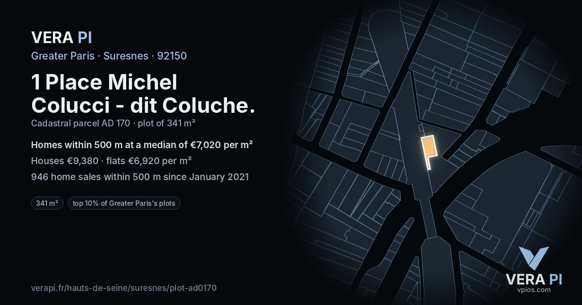 1 Place Michel Colucci - dit Coluche, Suresnes at night – the plot lit, the parcels around coloured by the prices near them