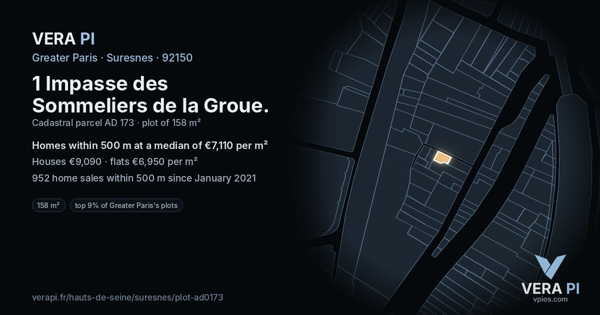 1 Impasse des Sommeliers de la Groue, Suresnes at night – the plot lit, the parcels around coloured by the prices near them