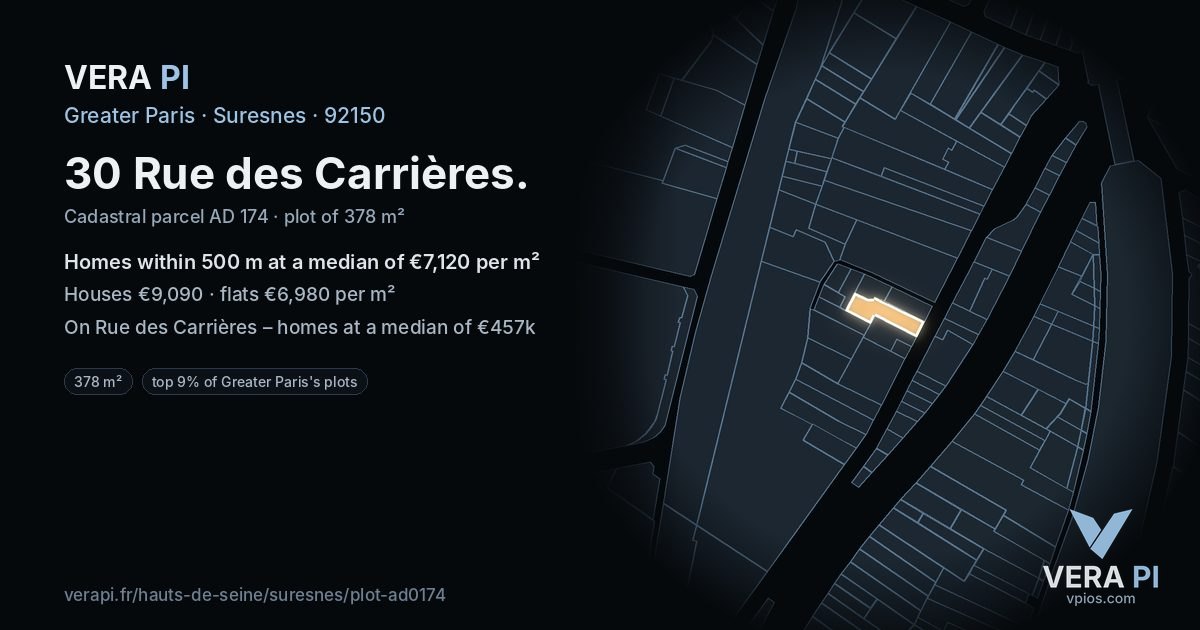 30 Rue des Carrières, Suresnes at night – the plot lit, the parcels around coloured by the prices near them