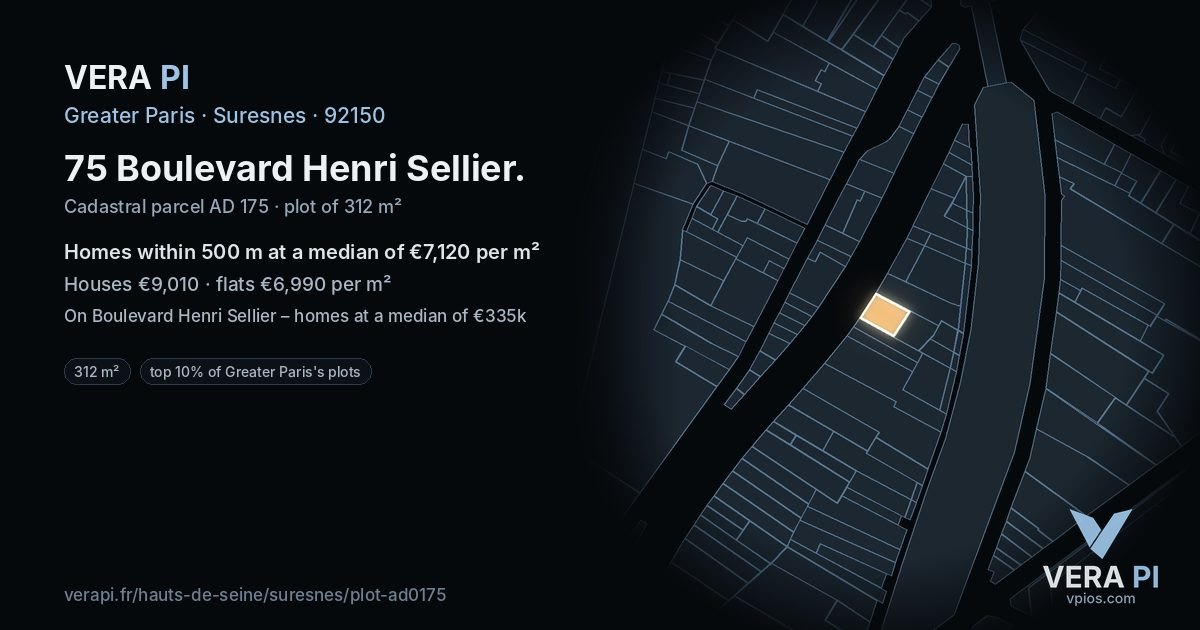 75 Boulevard Henri Sellier, Suresnes at night – the plot lit, the parcels around coloured by the prices near them