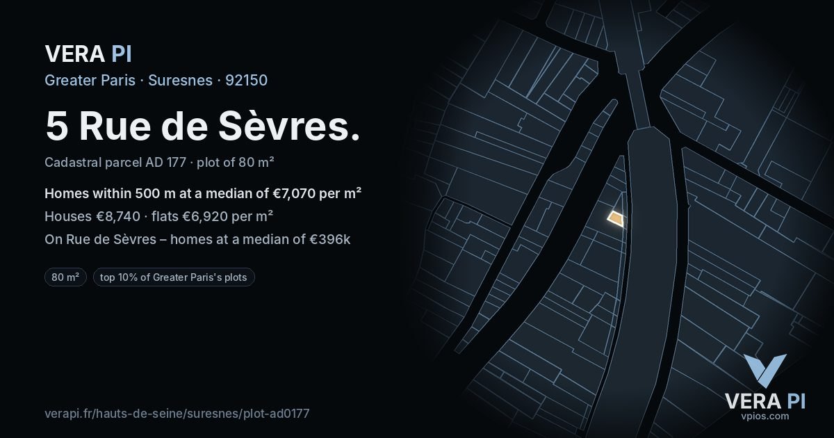 5 Rue de Sèvres, Suresnes at night – the plot lit, the parcels around coloured by the prices near them