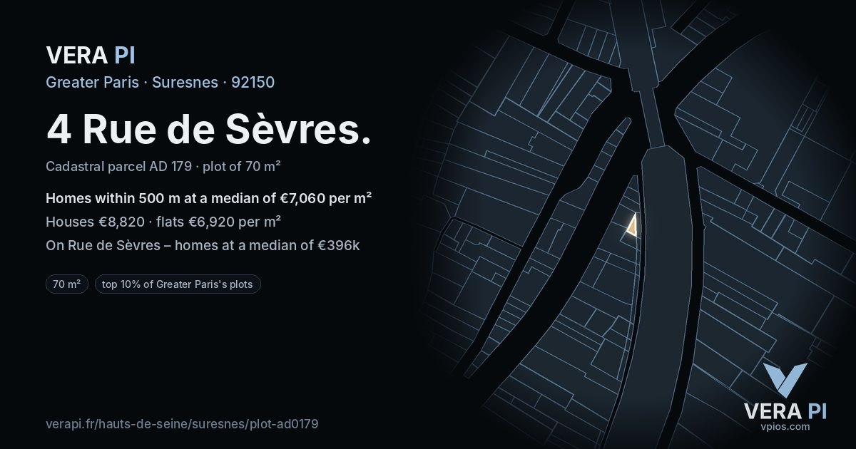 4 Rue de Sèvres, Suresnes at night – the plot lit, the parcels around coloured by the prices near them