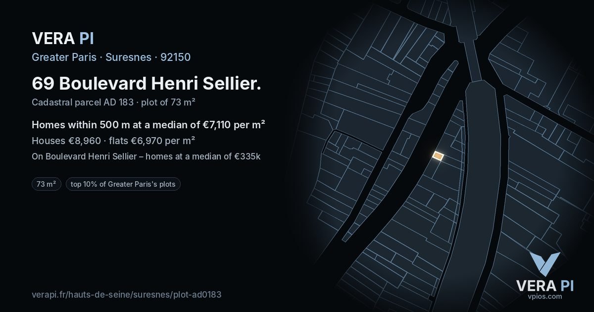 69 Boulevard Henri Sellier, Suresnes at night – the plot lit, the parcels around coloured by the prices near them