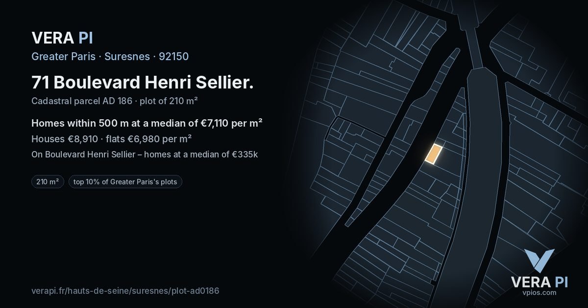 71 Boulevard Henri Sellier, Suresnes at night – the plot lit, the parcels around coloured by the prices near them