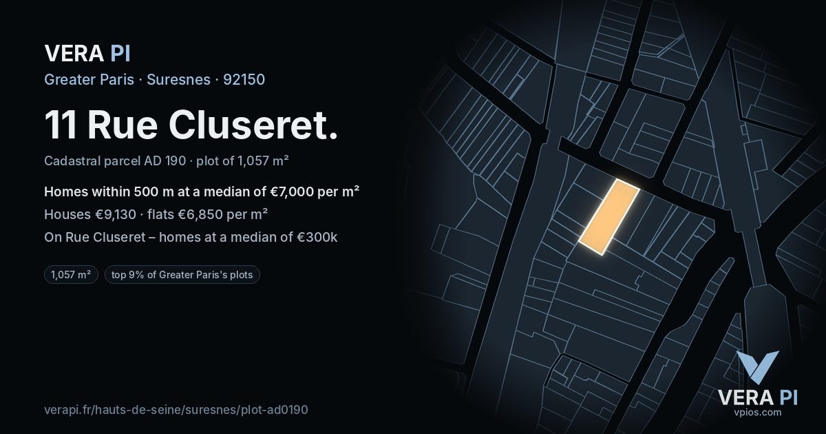 11 Rue Cluseret, Suresnes at night – the plot lit, the parcels around coloured by the prices near them