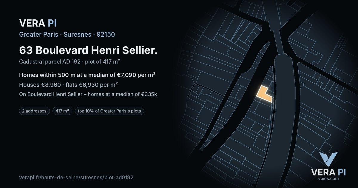 63 Boulevard Henri Sellier, Suresnes at night – the plot lit, the parcels around coloured by the prices near them