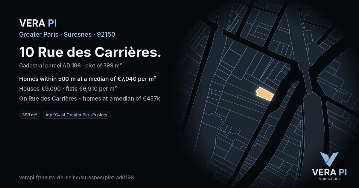 10 Rue des Carrières, Suresnes at night – the plot lit, the parcels around coloured by the prices near them