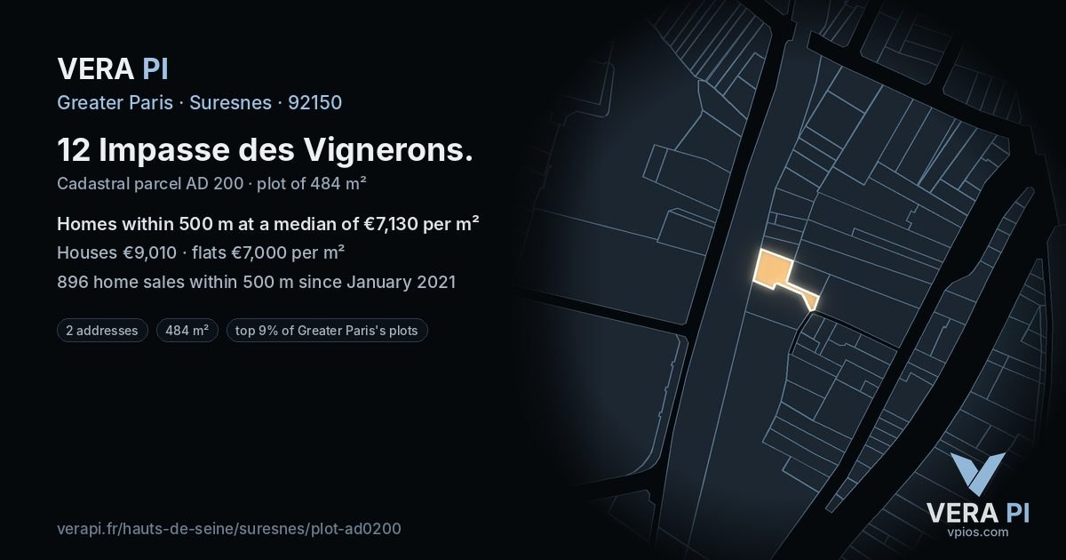 12 Impasse des Vignerons, Suresnes at night – the plot lit, the parcels around coloured by the prices near them