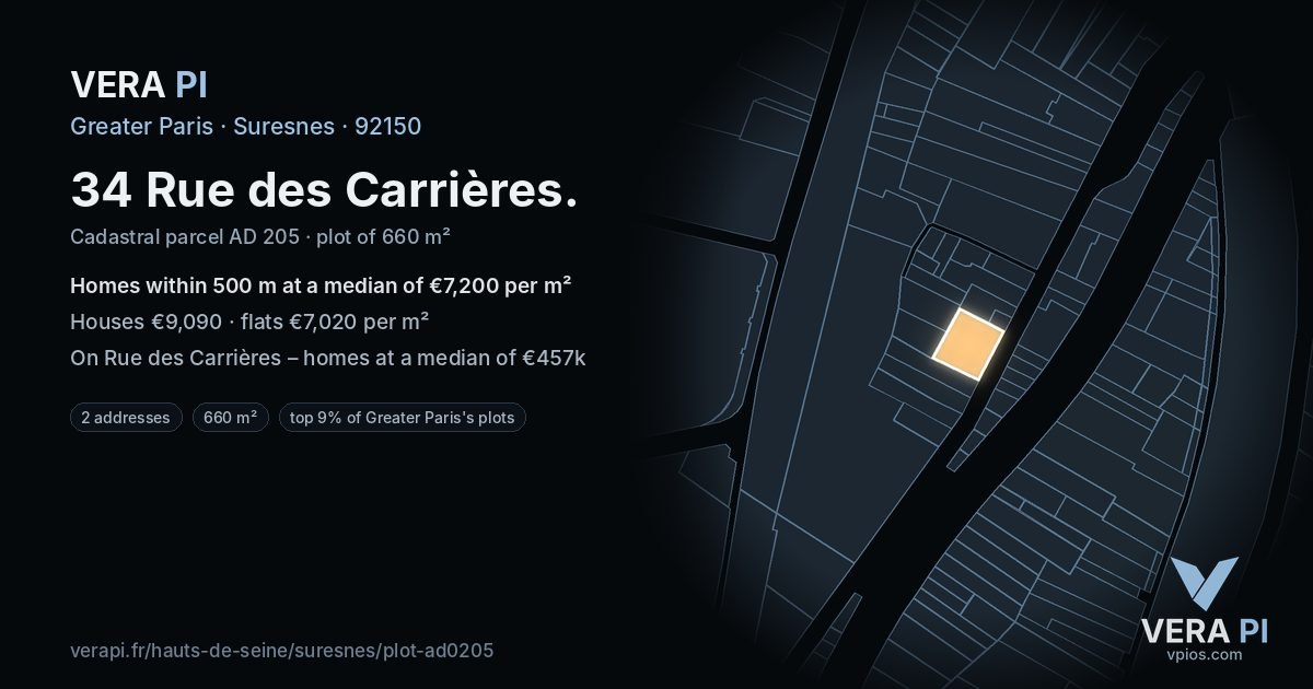 34 Rue des Carrières, Suresnes at night – the plot lit, the parcels around coloured by the prices near them