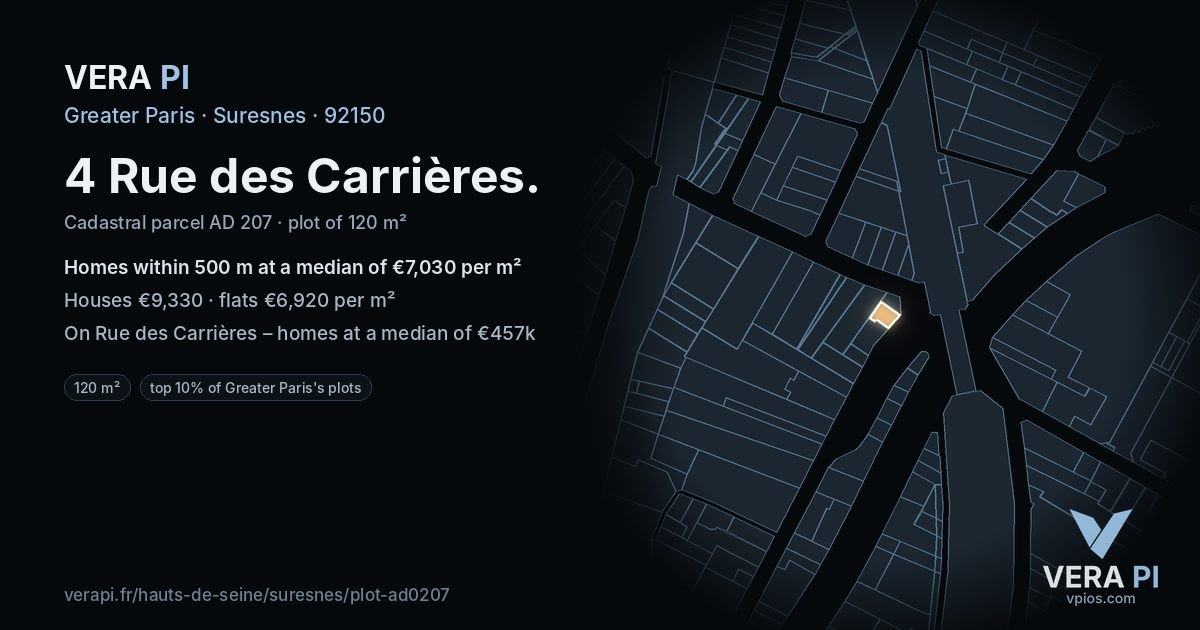 4 Rue des Carrières, Suresnes at night – the plot lit, the parcels around coloured by the prices near them