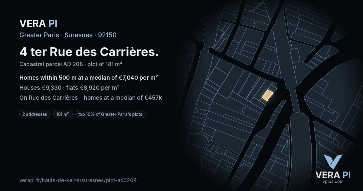 4 ter Rue des Carrières, Suresnes at night – the plot lit, the parcels around coloured by the prices near them