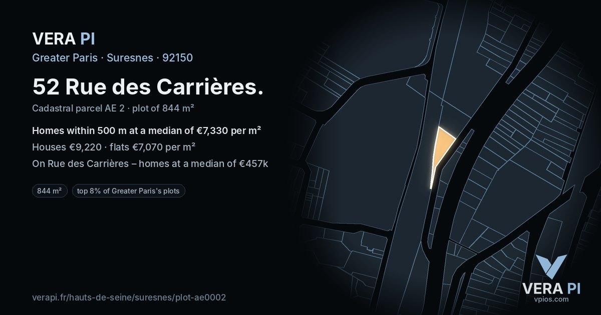 52 Rue des Carrières, Suresnes at night – the plot lit, the parcels around coloured by the prices near them