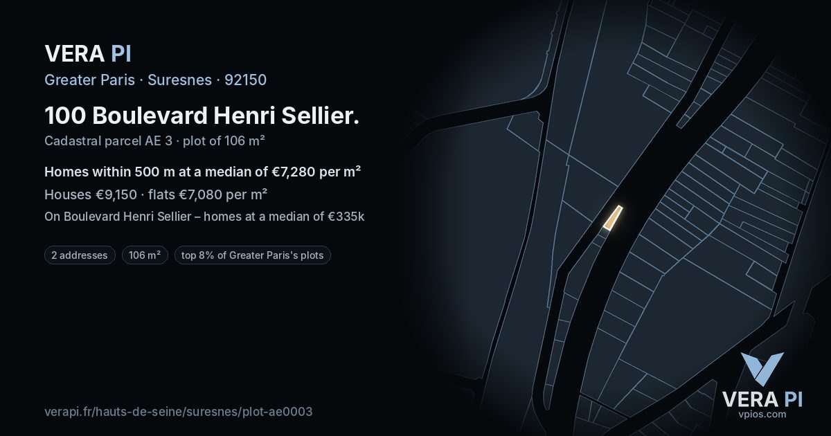 100 Boulevard Henri Sellier, Suresnes at night – the plot lit, the parcels around coloured by the prices near them