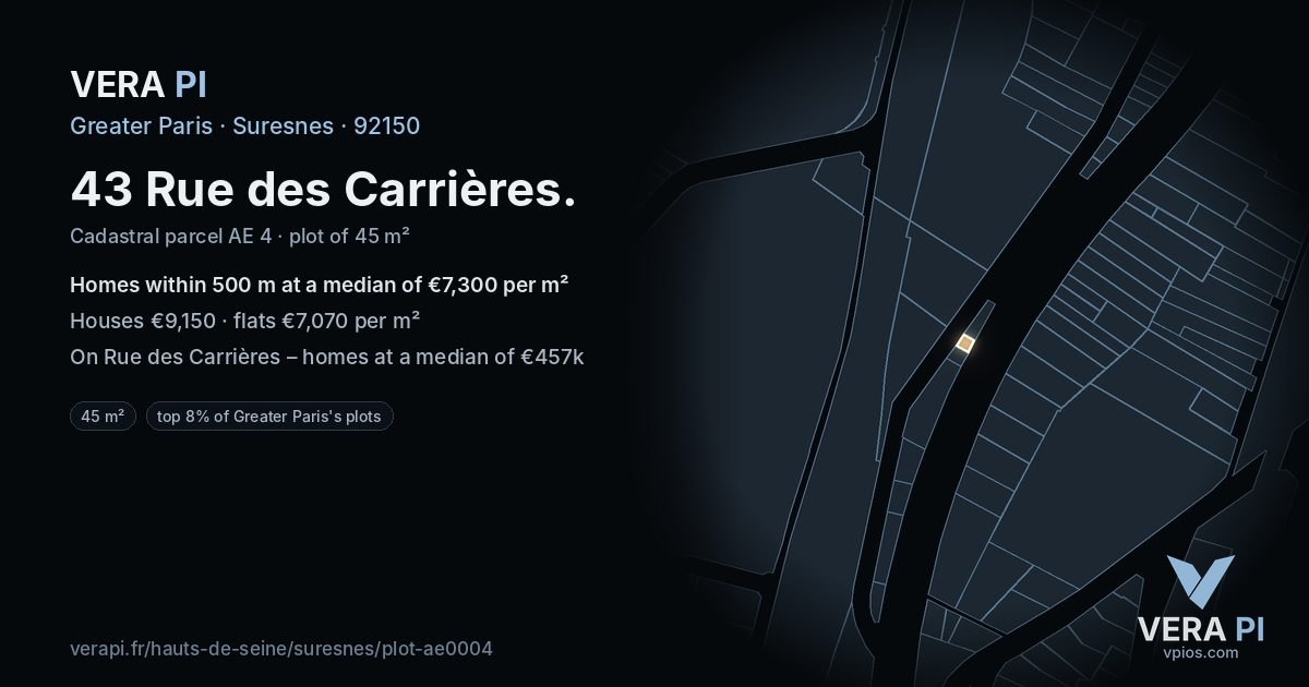 43 Rue des Carrières, Suresnes at night – the plot lit, the parcels around coloured by the prices near them