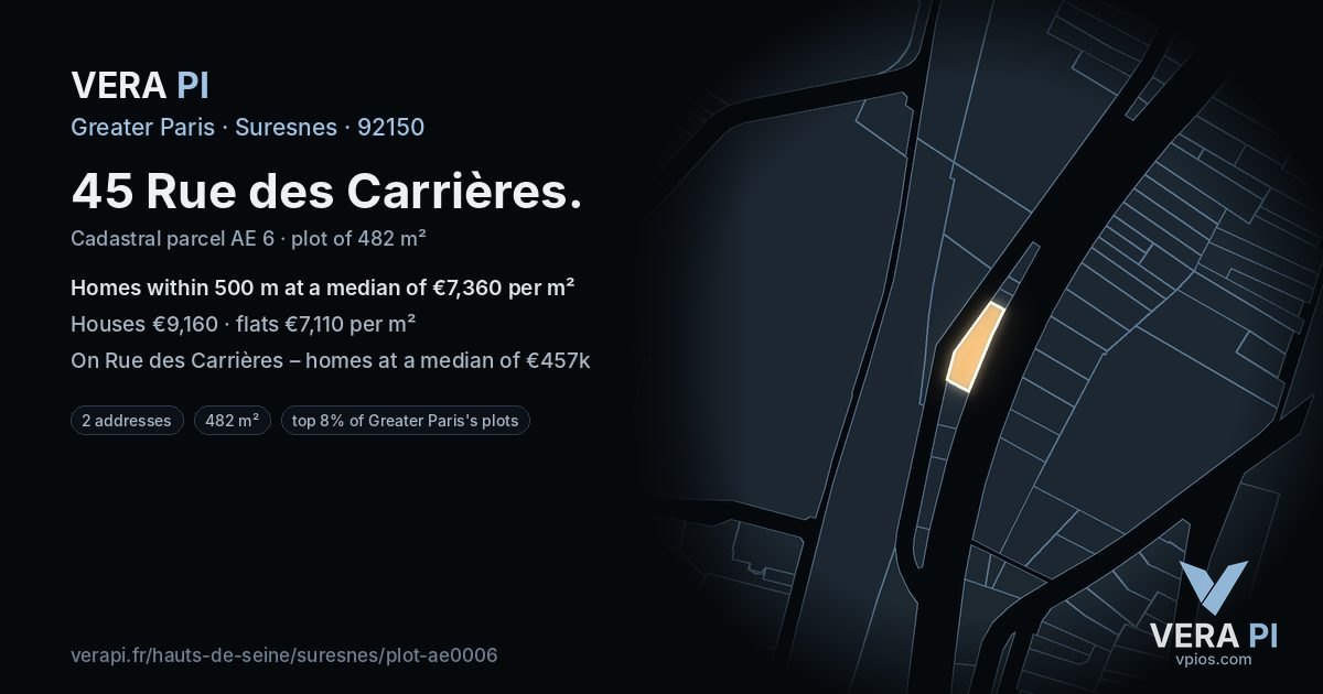 45 Rue des Carrières, Suresnes at night – the plot lit, the parcels around coloured by the prices near them