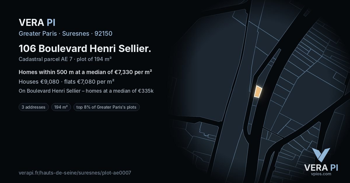 106 Boulevard Henri Sellier, Suresnes at night – the plot lit, the parcels around coloured by the prices near them