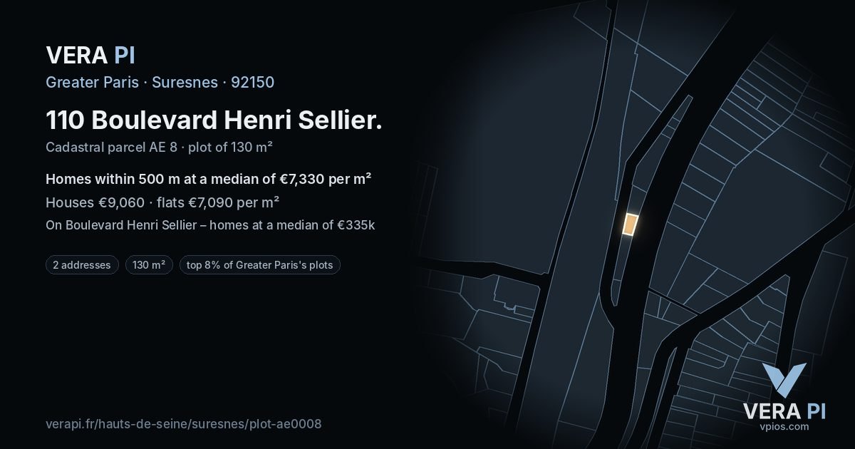 110 Boulevard Henri Sellier, Suresnes at night – the plot lit, the parcels around coloured by the prices near them