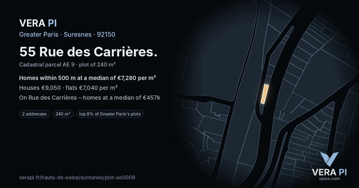 55 Rue des Carrières, Suresnes at night – the plot lit, the parcels around coloured by the prices near them