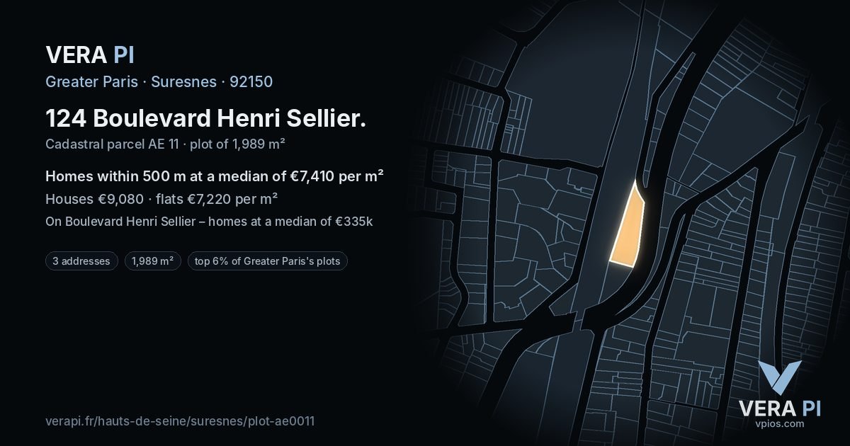 124 Boulevard Henri Sellier, Suresnes at night – the plot lit, the parcels around coloured by the prices near them