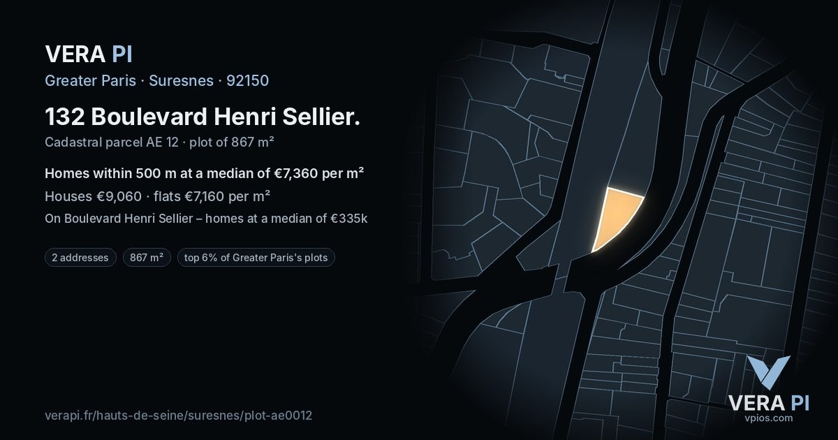 132 Boulevard Henri Sellier, Suresnes at night – the plot lit, the parcels around coloured by the prices near them