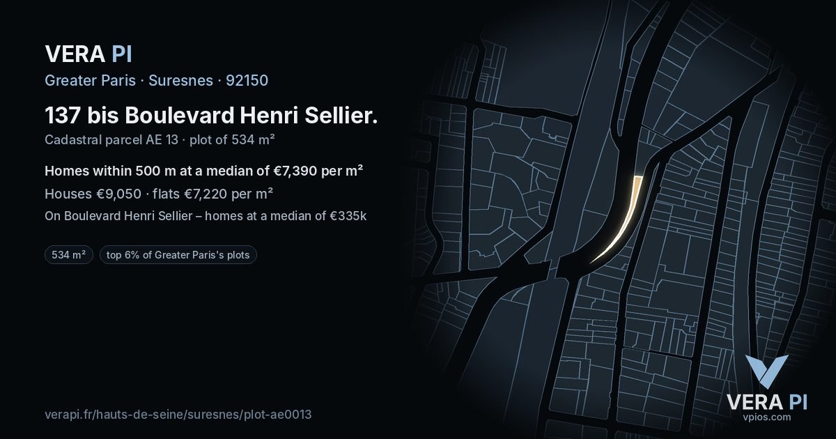 137 bis Boulevard Henri Sellier, Suresnes at night – the plot lit, the parcels around coloured by the prices near them