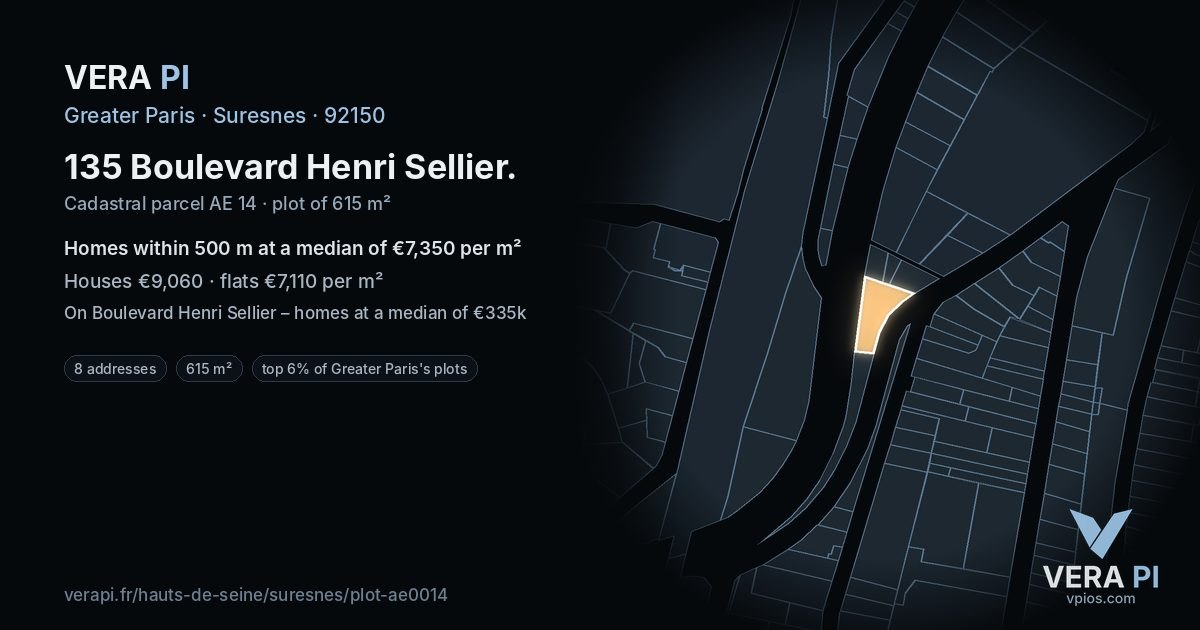 135 Boulevard Henri Sellier, Suresnes at night – the plot lit, the parcels around coloured by the prices near them