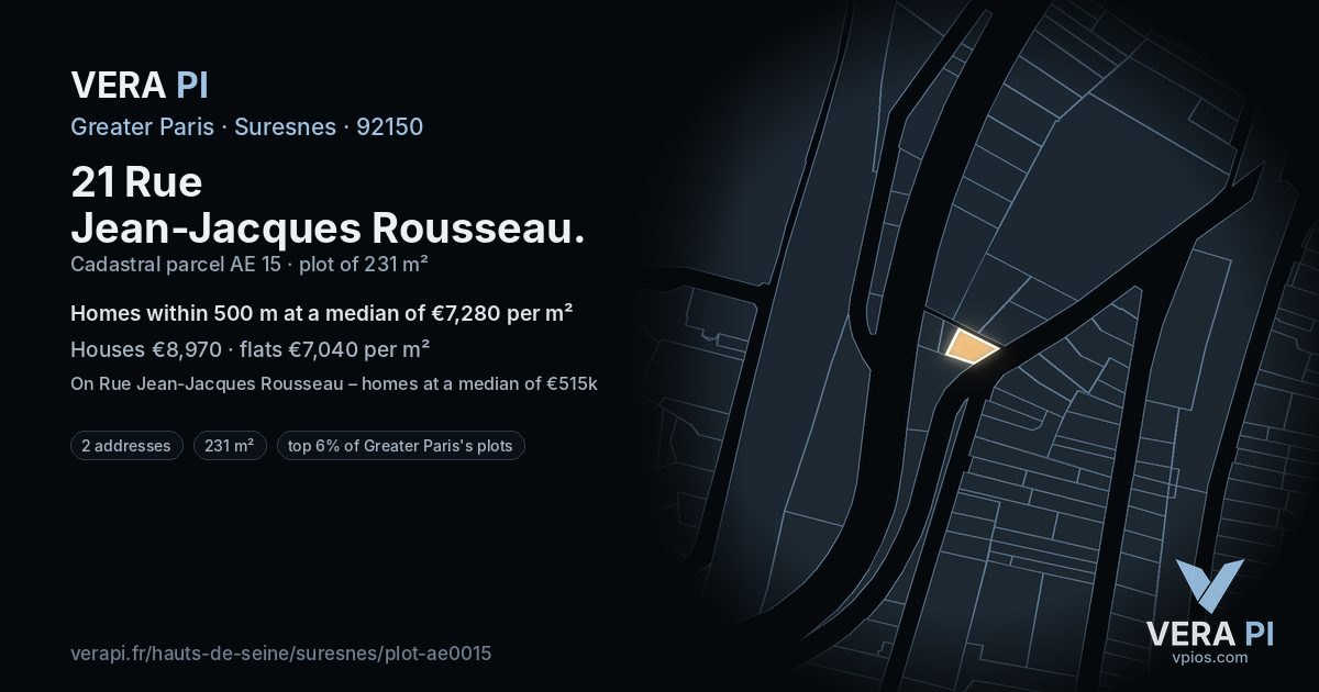 21 Rue Jean-Jacques Rousseau, Suresnes at night – the plot lit, the parcels around coloured by the prices near them