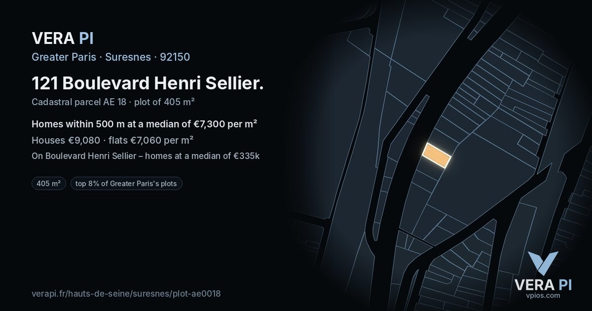 121 Boulevard Henri Sellier, Suresnes at night – the plot lit, the parcels around coloured by the prices near them