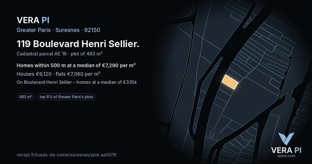 119 Boulevard Henri Sellier, Suresnes at night – the plot lit, the parcels around coloured by the prices near them