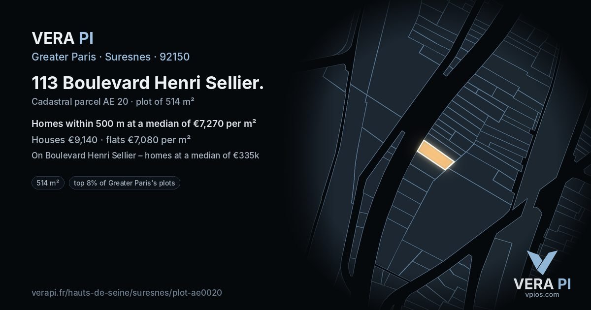 113 Boulevard Henri Sellier, Suresnes at night – the plot lit, the parcels around coloured by the prices near them