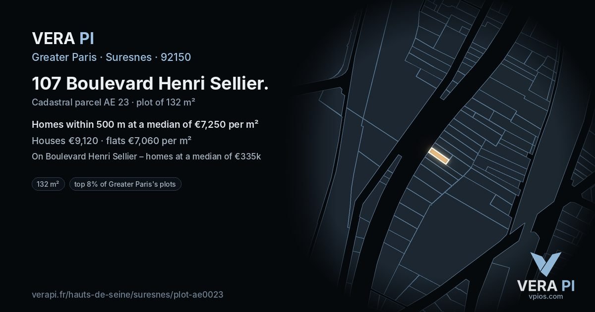 107 Boulevard Henri Sellier, Suresnes at night – the plot lit, the parcels around coloured by the prices near them