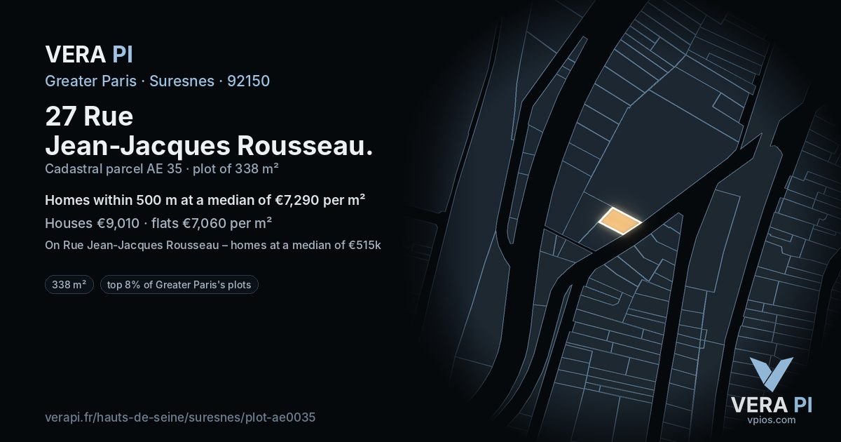 27 Rue Jean-Jacques Rousseau, Suresnes at night – the plot lit, the parcels around coloured by the prices near them