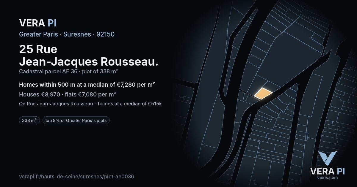 25 Rue Jean-Jacques Rousseau, Suresnes at night – the plot lit, the parcels around coloured by the prices near them